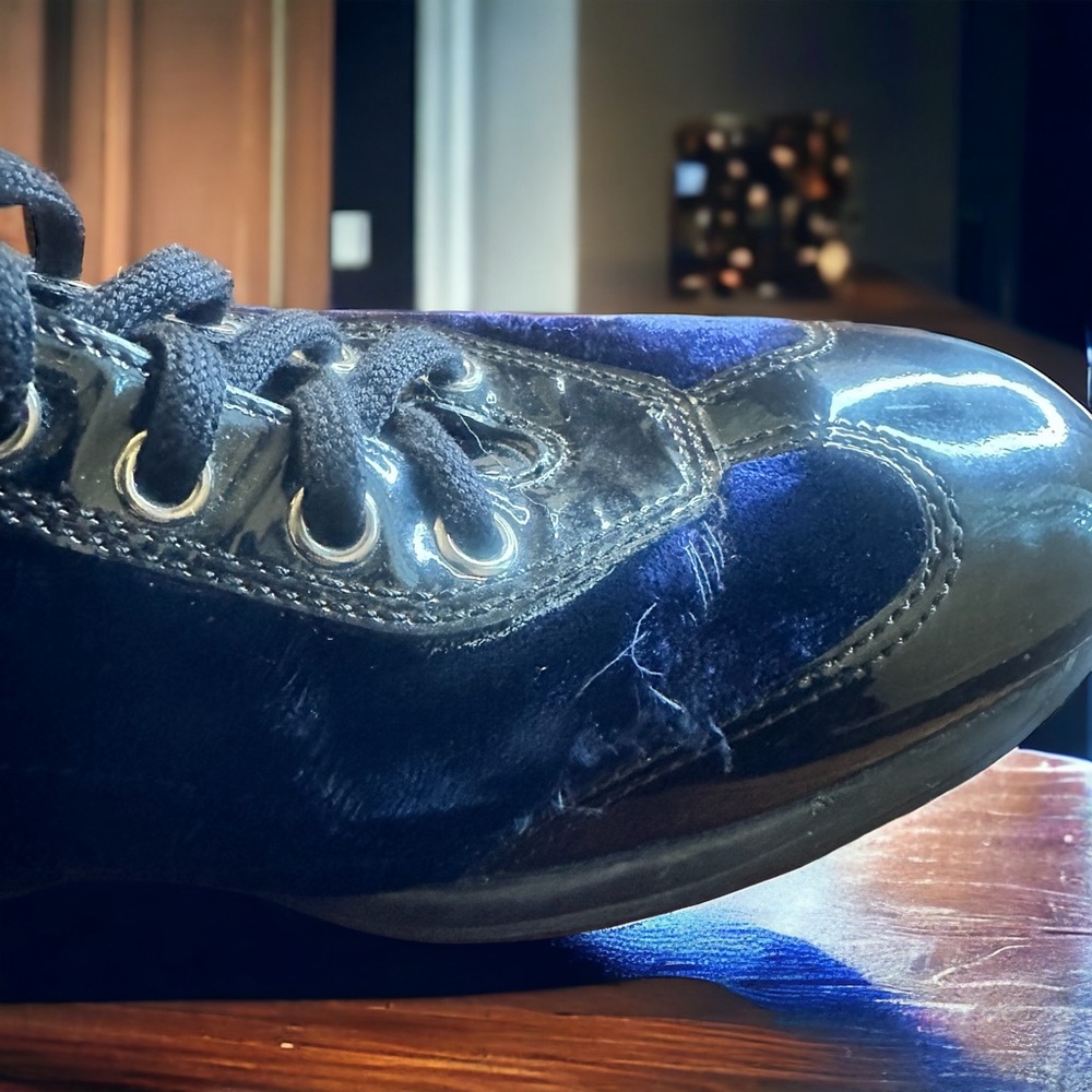 Authentic Prada Men's Blue Velvet and Black Patent Leather Lace Up Running Shoes - Picture 9 of 12